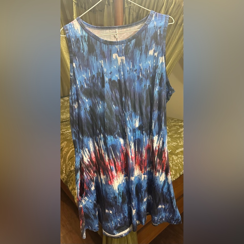 Vibrant Blue and Red Sleeveless Midi Dress